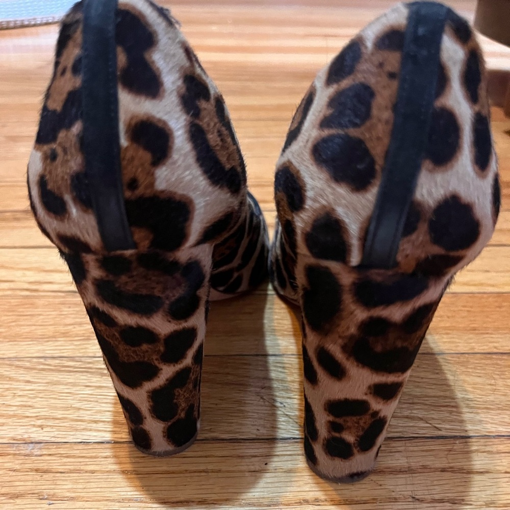 J Crew size 11 leather calf hair animal cheetah heel black brown tan - Picture 4 of 9